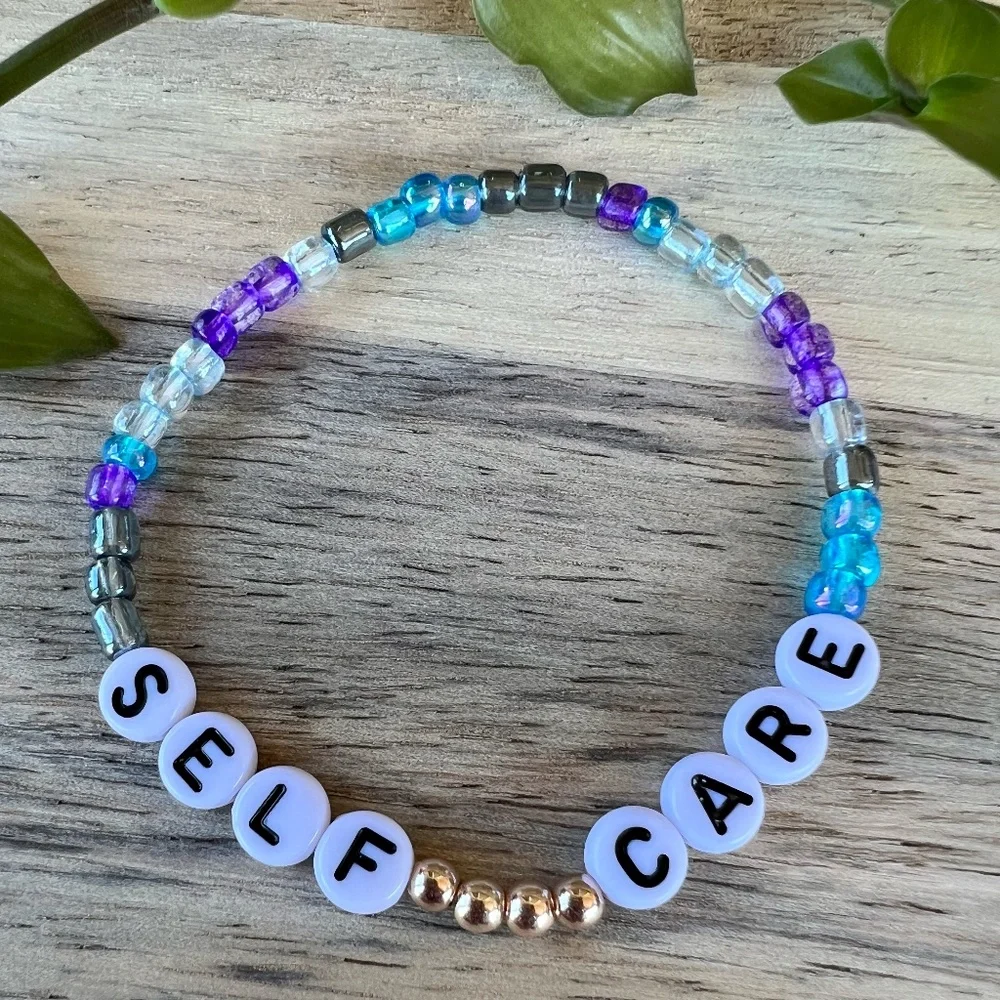 Self Care | Mac Miller Inspired Beaded Bracelet | Blue & Purple Seed Bead - Picture 3 of 4